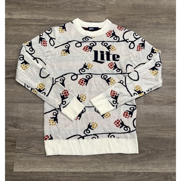 Miller Lite Ugly Christmas Sweater Mens S Ivory Christmas Lights Holiday Party - Picture 1 of 6